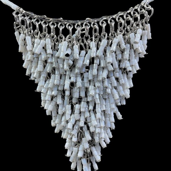 White Beaded Fringe Statement Necklace Boho Festival Tribal Inspired Jewelry 14" - Picture 3 of 6